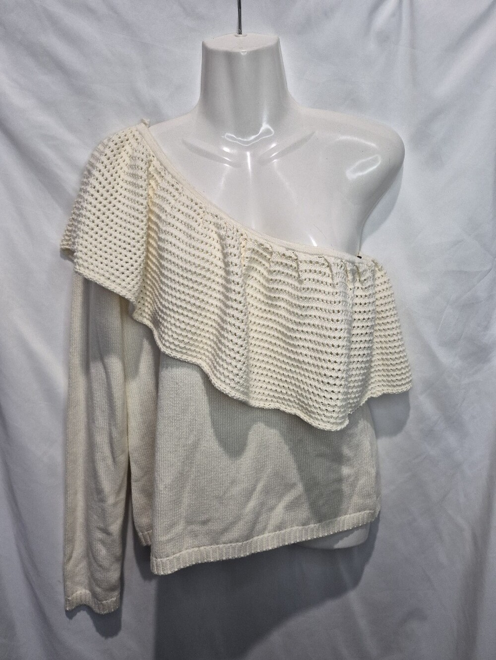 Ella Moss NWT One Shoulder Ruffle Sweater M Silk Blend Ivory Crochet $175